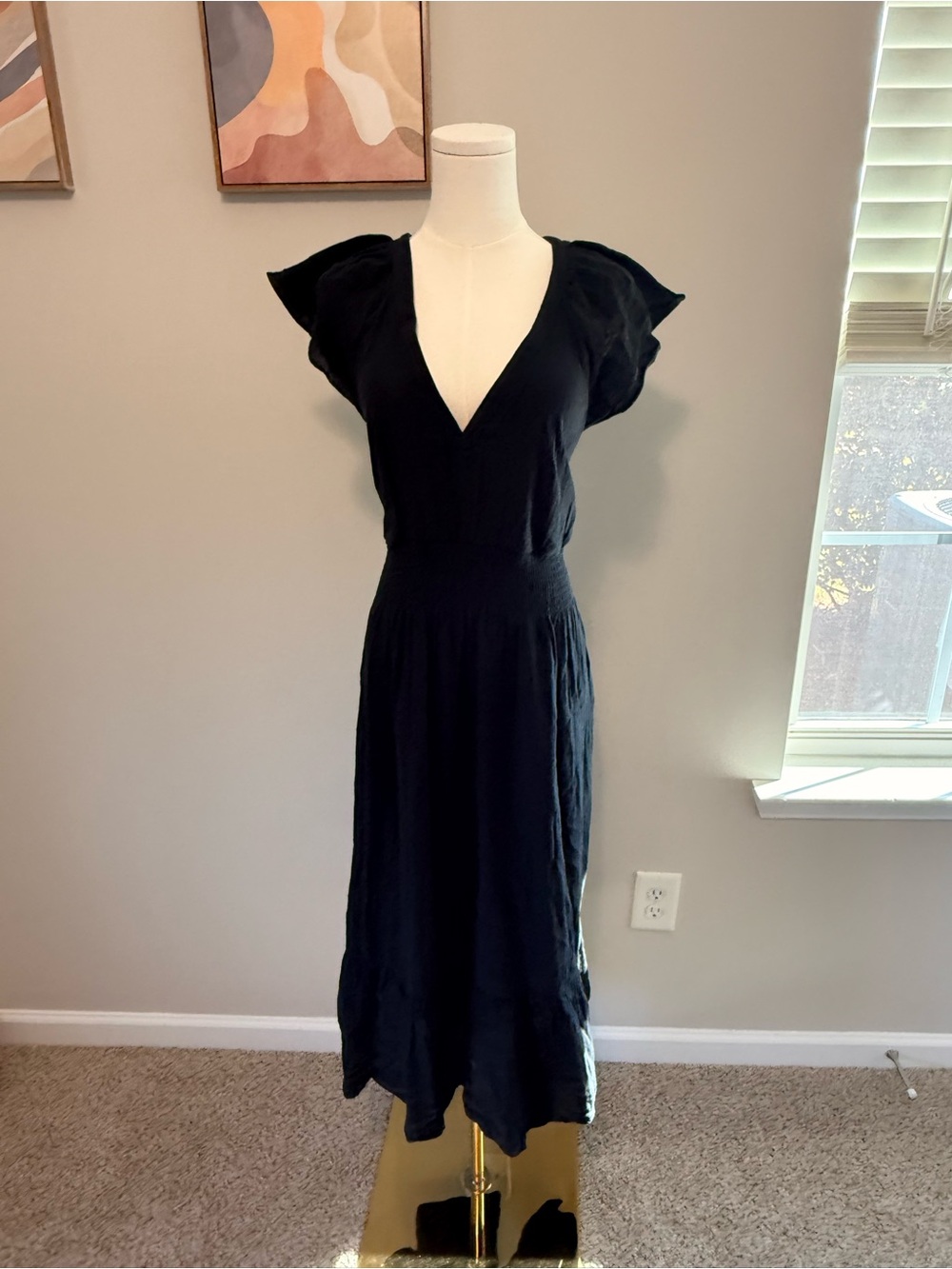 Black V-Neck Flutter Sleeve Midi Dress Old Navy Large NWOT